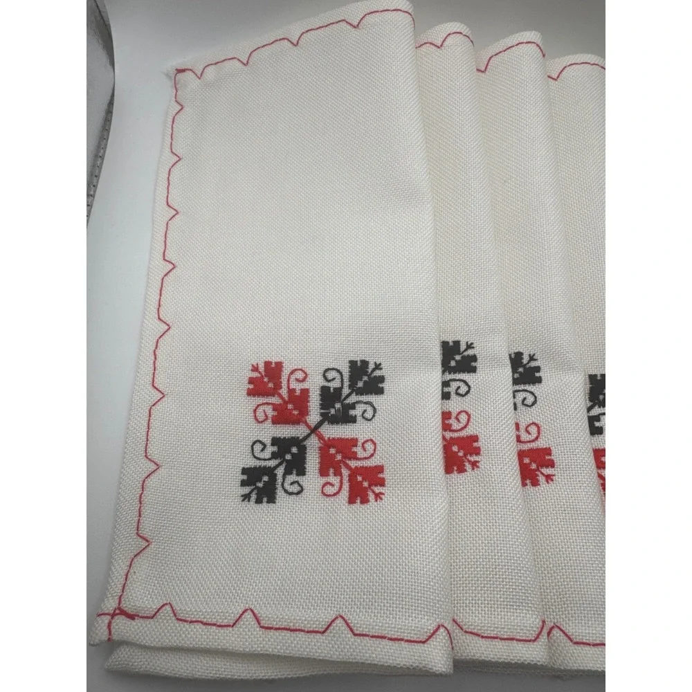 Vintage Style Embroidered Cloth Napkins Set of 6 White Red Black Folk Pattern
